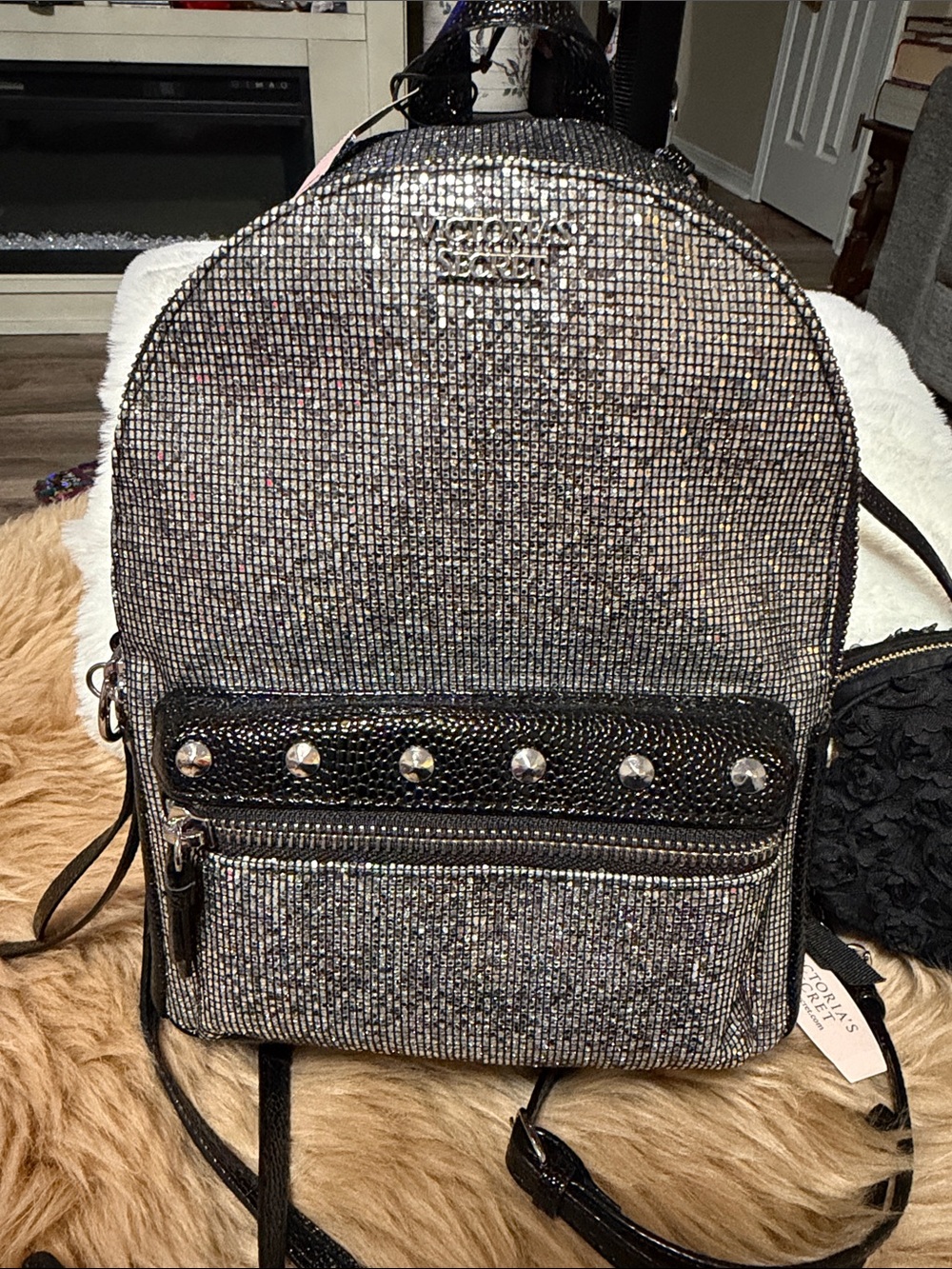 Victoria's Secret Black Studded Glitter Backpack & Black Rosette Makeup Bag NWT - Picture 2 of 9